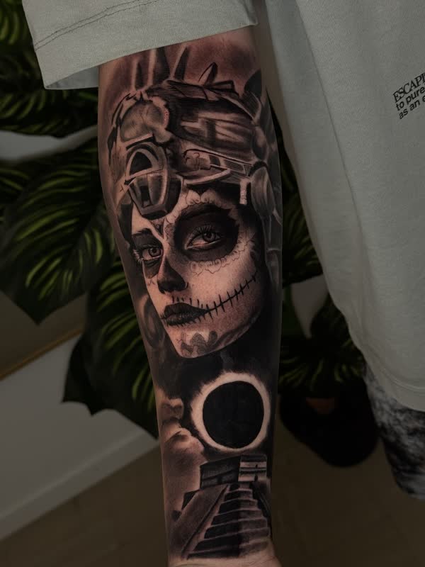 La Catrina and Aztec pyramid forearm piece