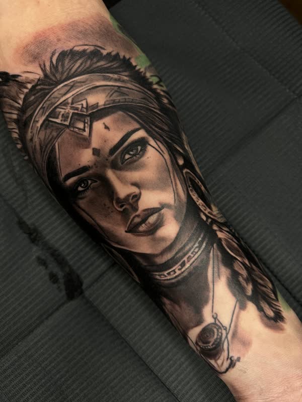 Braided female warrior portrait forearm piece
