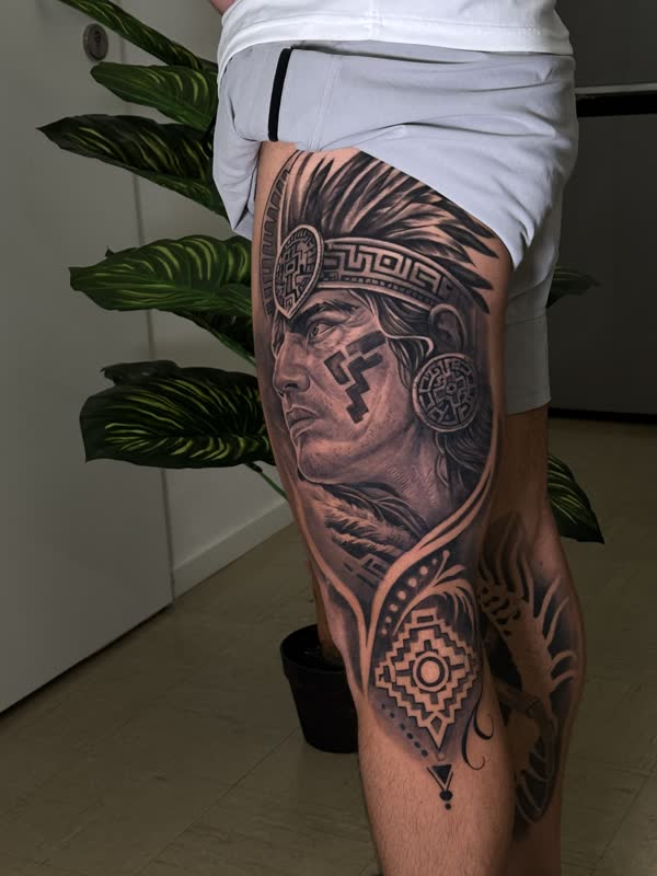 Aztec warrior thigh piece with geometric patterning